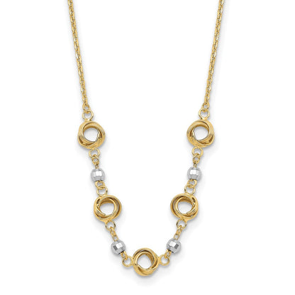 14K Bicolor 2 in Verlängerung Poliert Liebe Knots Diamantiert Perle Halskette