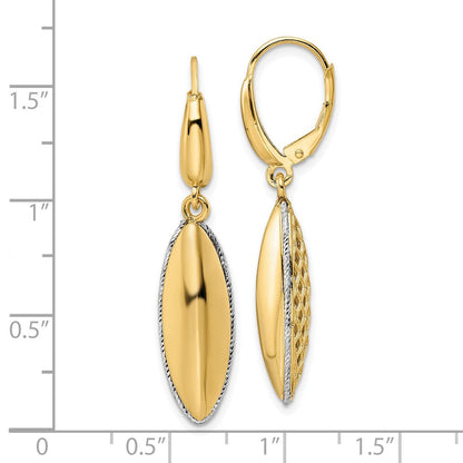 14K Bicolor Poliert Diamantiert Hohl Tropfen Kreuz Ohrhänger mit Brisur