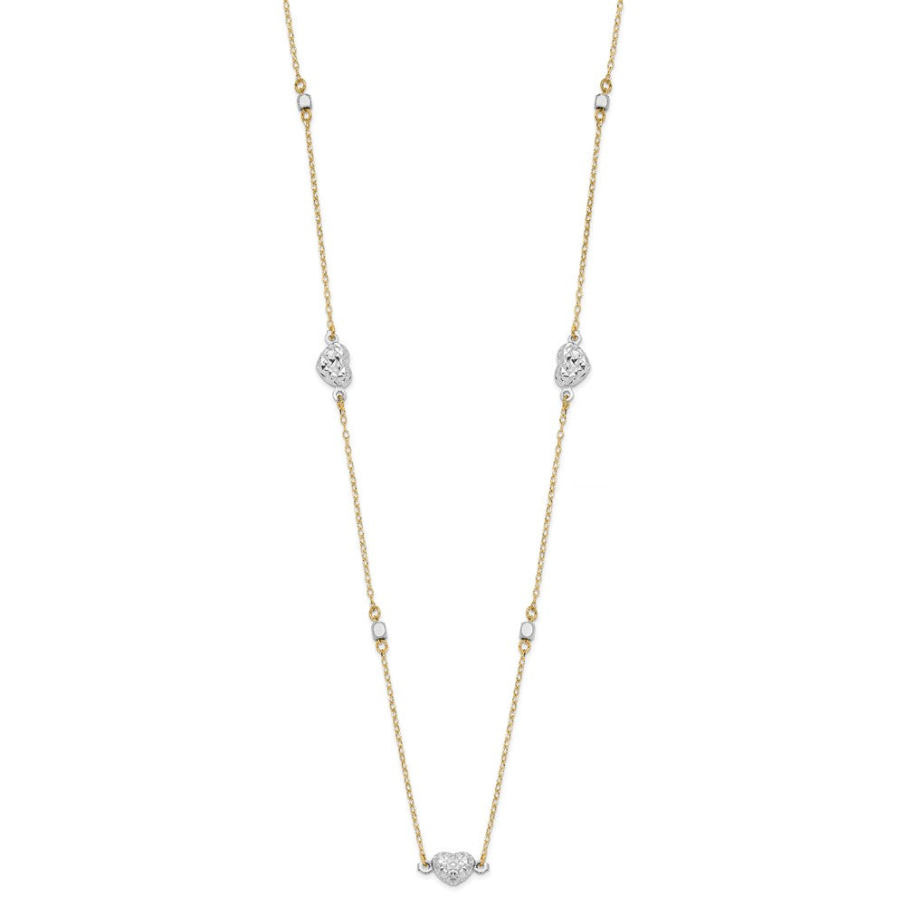14K Bicolor Poliert Diamantiert Herzen Halskette