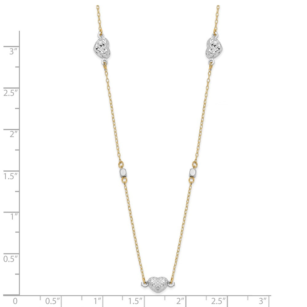 14K Bicolor Poliert Diamantiert Herzen Halskette
