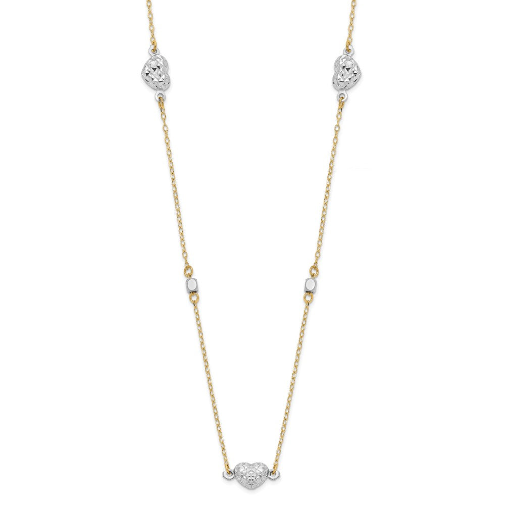 14K Bicolor Poliert Diamantiert Herzen Halskette