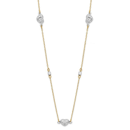 14K Bicolor Poliert Diamantiert Herzen Halskette