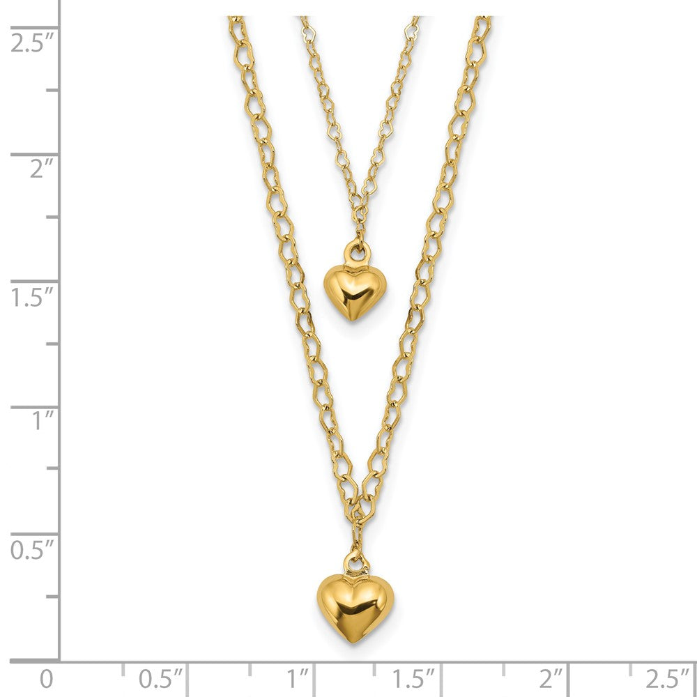 14K Gelbgold Doppelt Layer Herz Glieder Poliert Herzen 2 in Verlängerung. Halskette