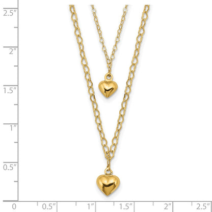 14K Gelbgold Doppelt Layer Herz Glieder Poliert Herzen 2 in Verlängerung. Halskette