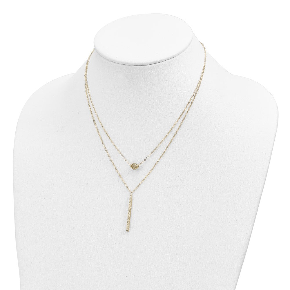 14K Gelbgold Doppelt Layer Hohl Perle Diamantiert Stab 2 in Halskette