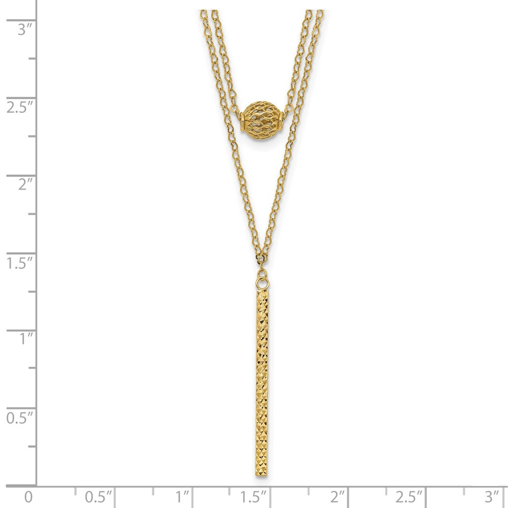 14K Gelbgold Doppelt Layer Hohl Perle Diamantiert Stab 2 in Halskette
