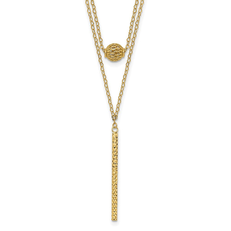 14K Gelbgold Doppelt Layer Hohl Perle Diamantiert Stab 2 in Halskette