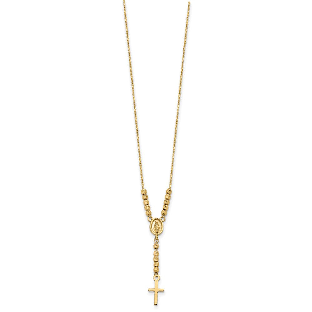 14K Gelbgold Poliert Diamantiert Perle Wundertätig Medaille und Kreuz 17 Zoll Halskette