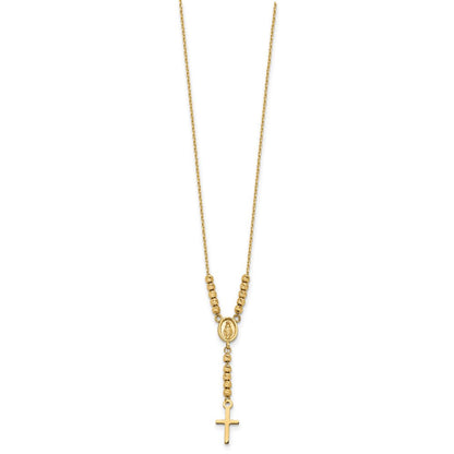 14K Gelbgold Poliert Diamantiert Perle Wundertätig Medaille und Kreuz 17 Zoll Halskette
