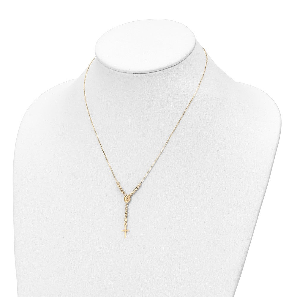 14K Gelbgold Poliert Diamantiert Perle Wundertätig Medaille und Kreuz 17 Zoll Halskette