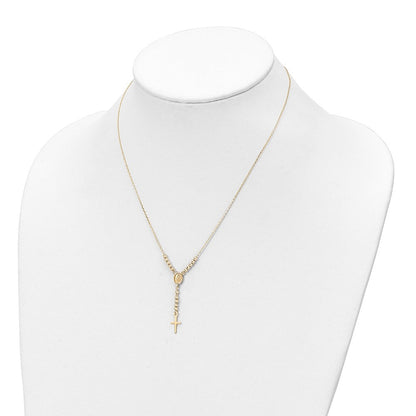 14K Gelbgold Poliert Diamantiert Perle Wundertätig Medaille und Kreuz 17 Zoll Halskette