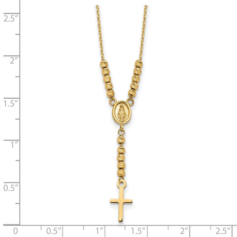14K Gelbgold Poliert Diamantiert Perle Wundertätig Medaille und Kreuz 17 Zoll Halskette