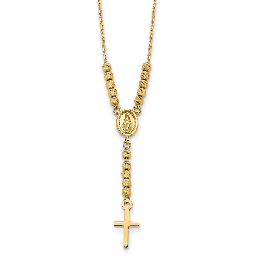 14K Gelbgold Poliert Diamantiert Perle Wundertätig Medaille und Kreuz 17 Zoll Halskette