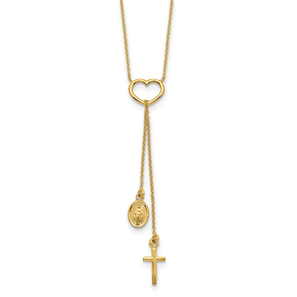 14K Gelbgold Poliert Herz mit Hängend Kreuz und Religious Medaille Halskette