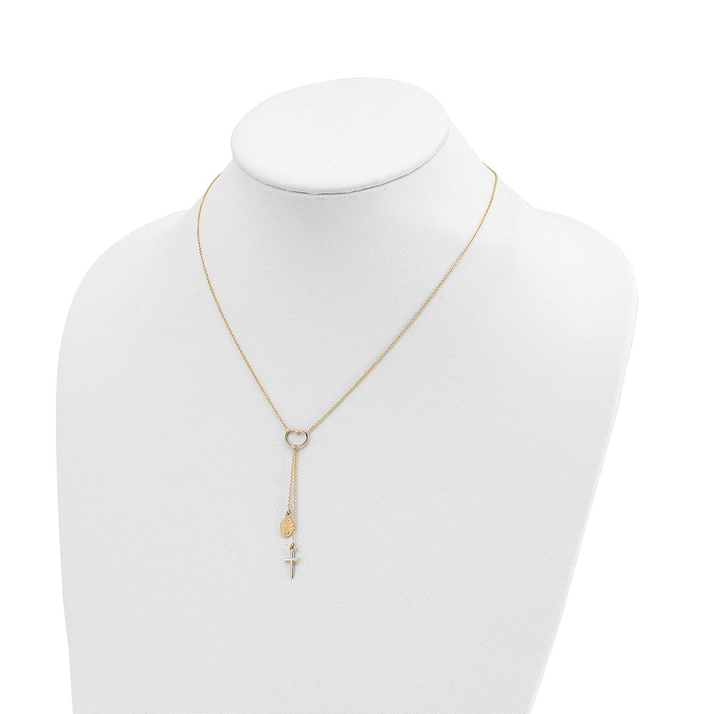 14K Gelbgold Poliert Herz mit Hängend Kreuz und Religious Medaille Halskette