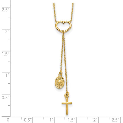 14K Gelbgold Poliert Herz mit Hängend Kreuz und Religious Medaille Halskette