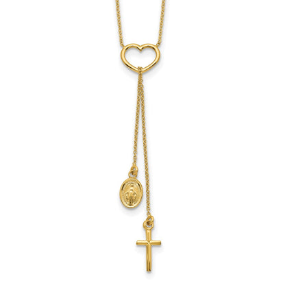14K Gelbgold Poliert Herz mit Hängend Kreuz und Religious Medaille Halskette