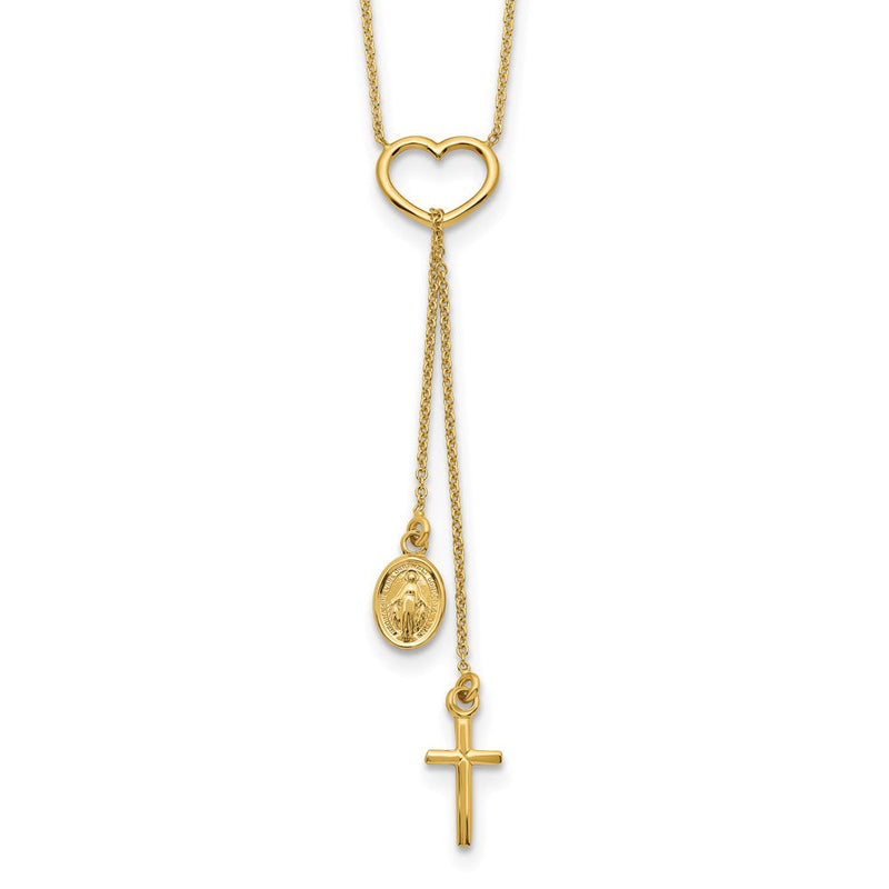 14K Gelbgold Poliert Herz mit Hängend Kreuz und Religious Medaille Halskette