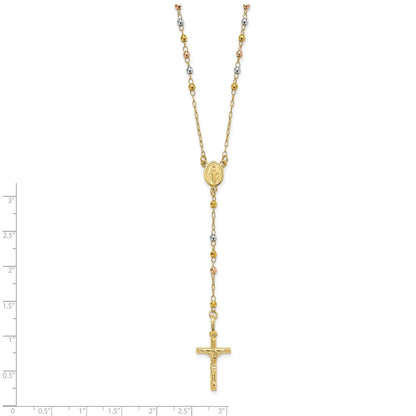 14K Tricolor Poliert Facettiert Perlen Rosenkranz Halskette