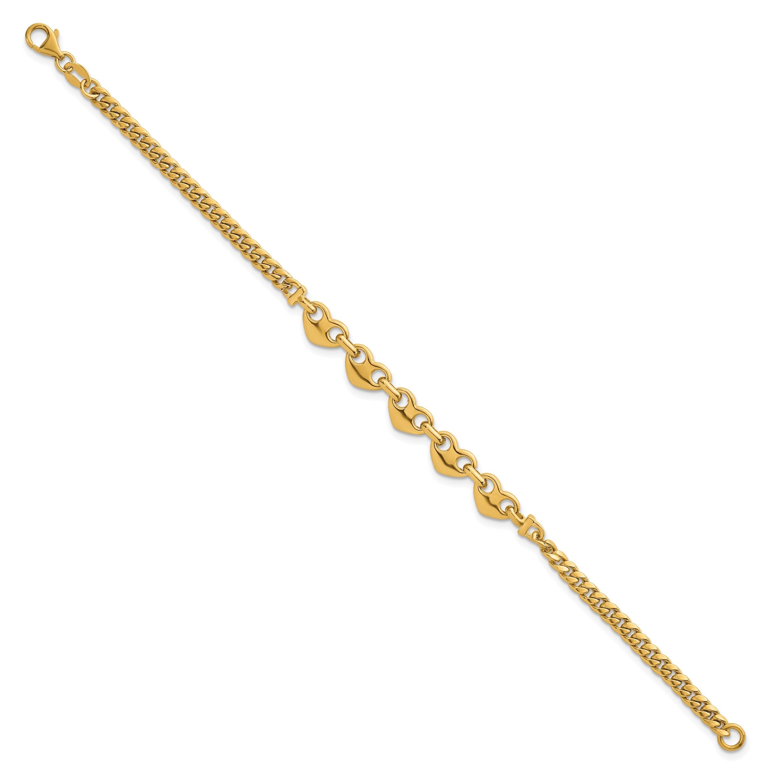 14K Gelbgold Poliert Five Herzen mit Panzer Glieder 7 Zoll Armband