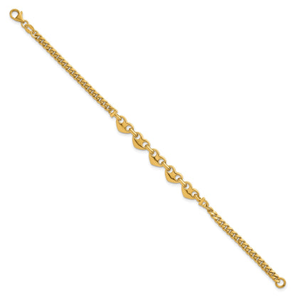 14K Gelbgold Poliert Five Herzen mit Panzer Glieder 7 Zoll Armband