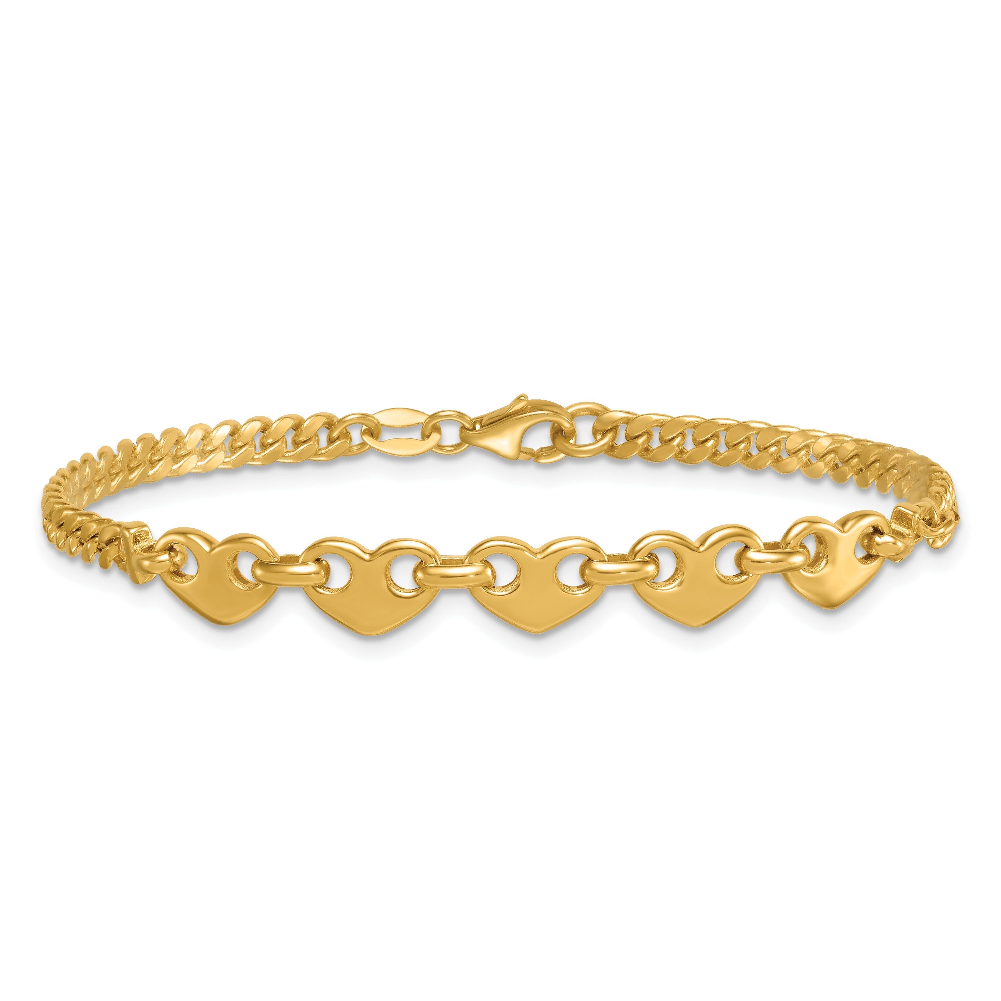 14K Gelbgold Poliert Five Herzen mit Panzer Glieder 7 Zoll Armband