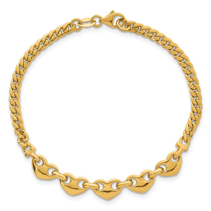 14K Gelbgold Poliert Five Herzen mit Panzer Glieder 7 Zoll Armband