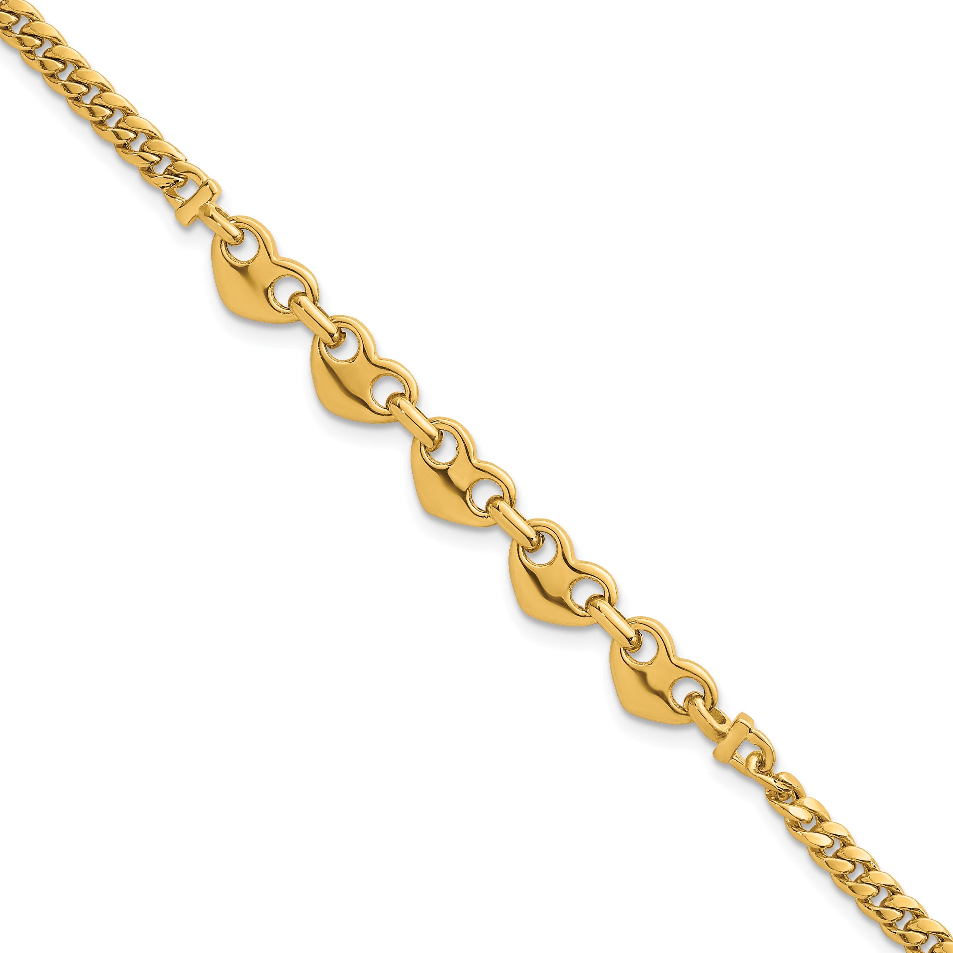 14K Gelbgold Poliert Five Herzen mit Panzer Glieder 7 Zoll Armband