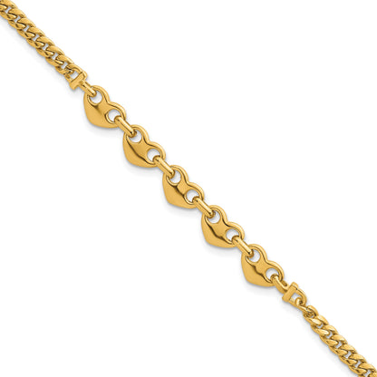 14K Gelbgold Poliert Five Herzen mit Panzer Glieder 7 Zoll Armband