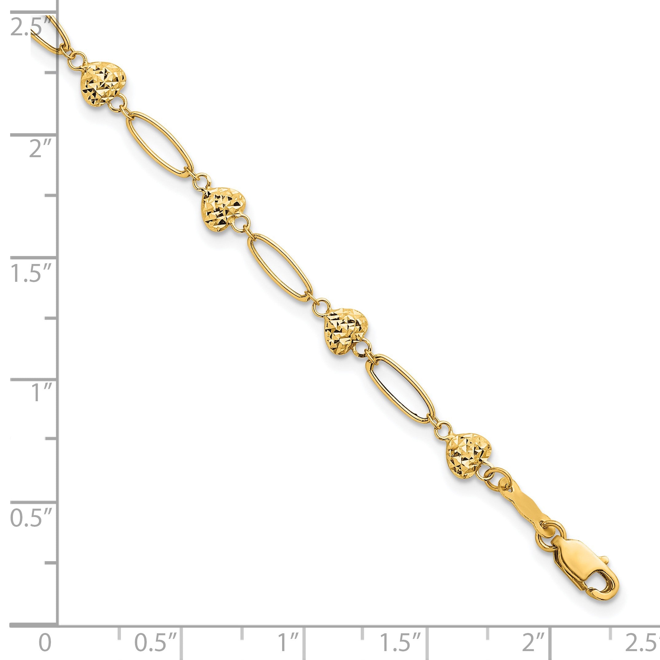 14K Gelbgold Poliert Oval Knöpfe mit Diamantiert Gewölbt Herzen 7.5 Zoll Armband