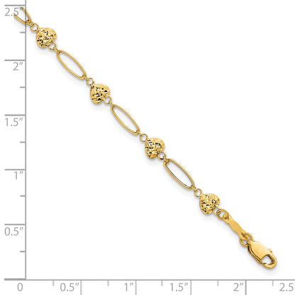14K Gelbgold Poliert Oval Knöpfe mit Diamantiert Gewölbt Herzen 7.5 Zoll Armband