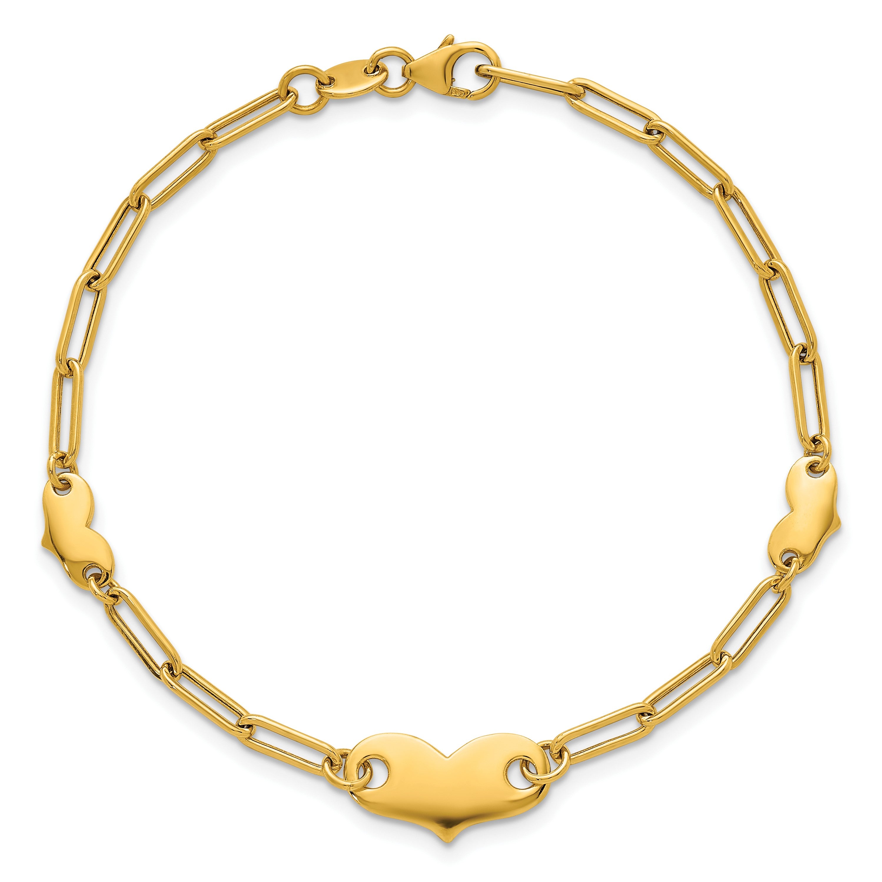 14K Gelbgold Poliert Büroklammer Glieder mit Drei Herzen 7.5 Zoll Armband