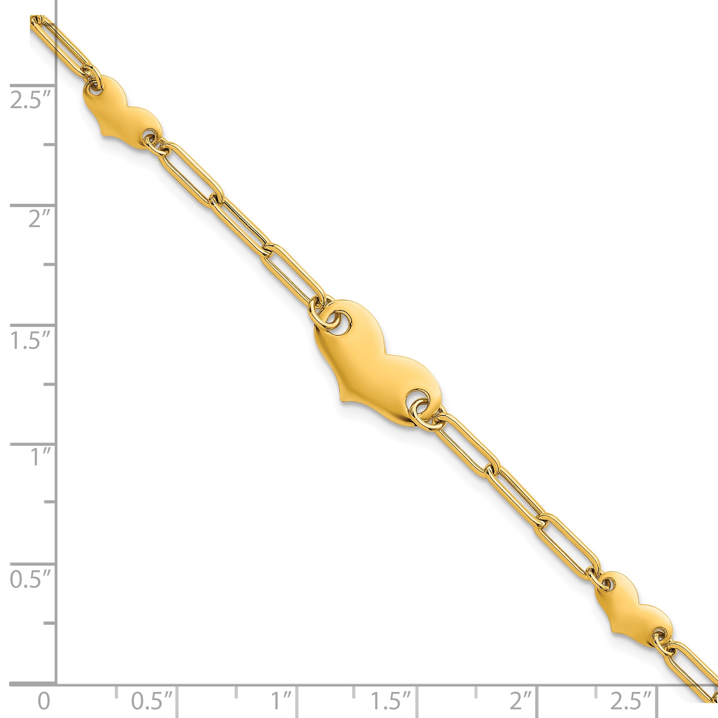 14K Gelbgold Poliert Büroklammer Glieder mit Drei Herzen 7.5 Zoll Armband