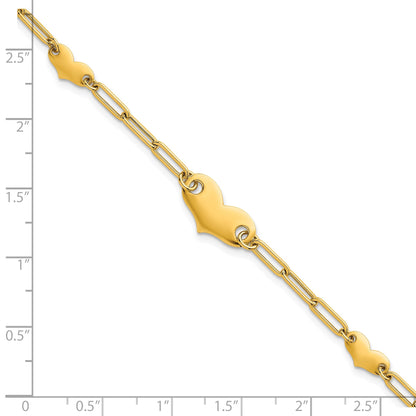 14K Gelbgold Poliert Büroklammer Glieder mit Drei Herzen 7.5 Zoll Armband
