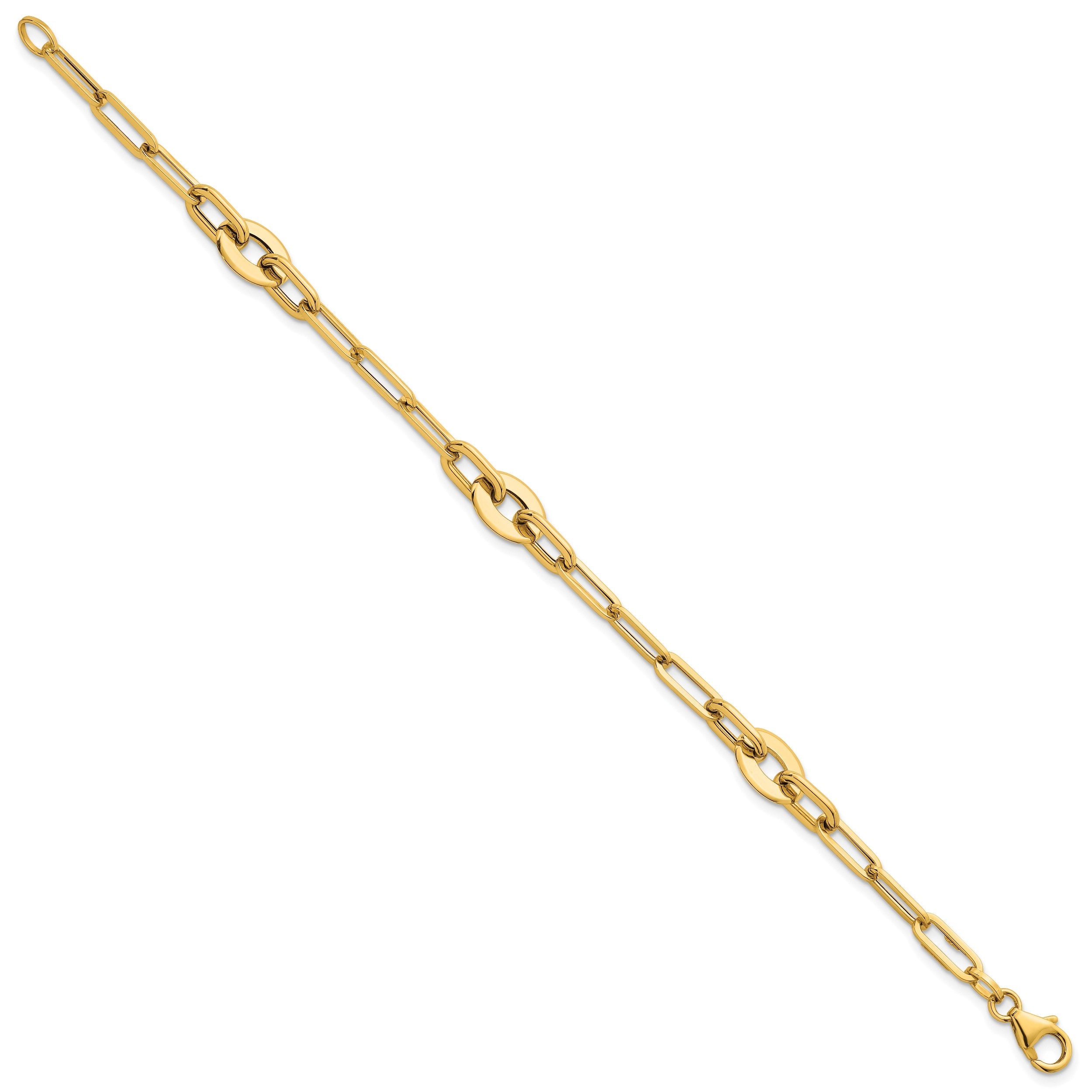 14K Gelbgold Poliert Flach Oval und Büroklammer Glieder Gliederarmband