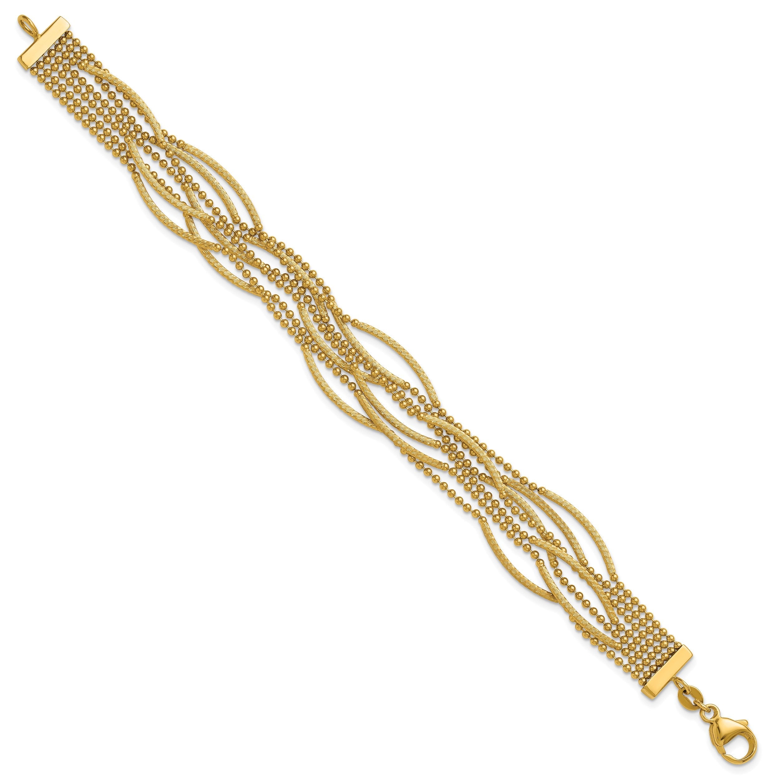 14K Gelbgold Poliert und Strukturiert Multi Strang Gekugelt Gliederarmband