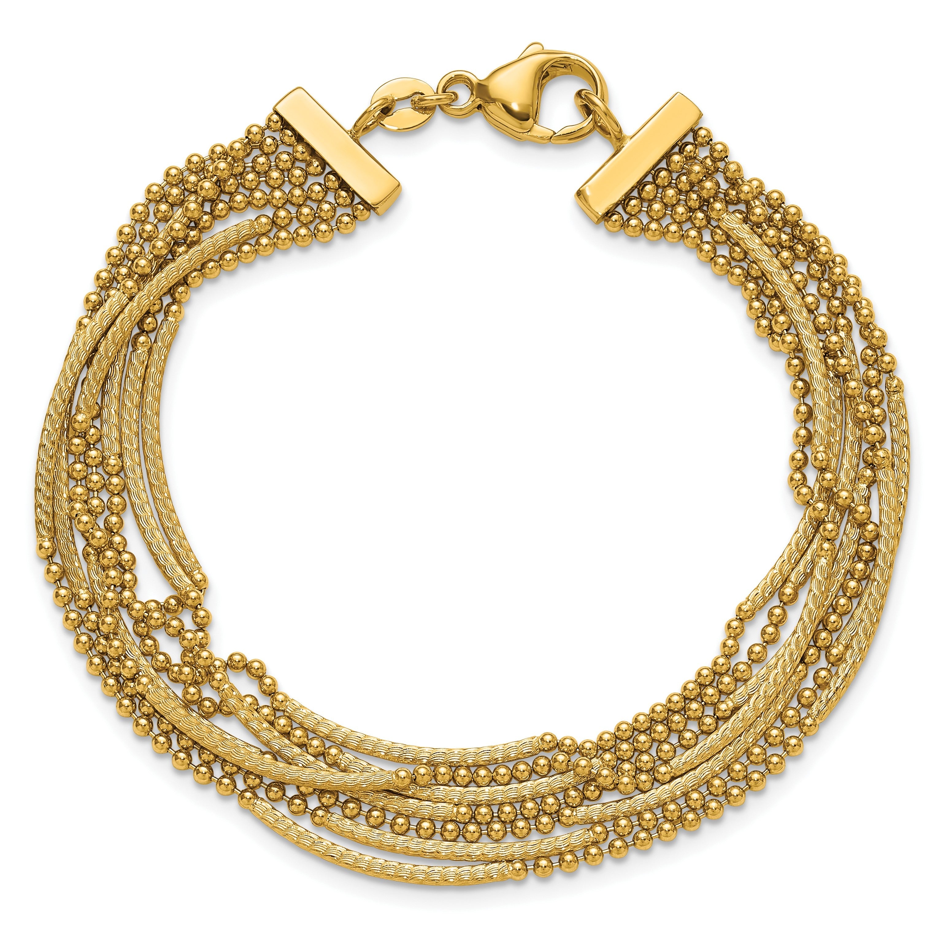 14K Gelbgold Poliert und Strukturiert Multi Strang Gekugelt Gliederarmband