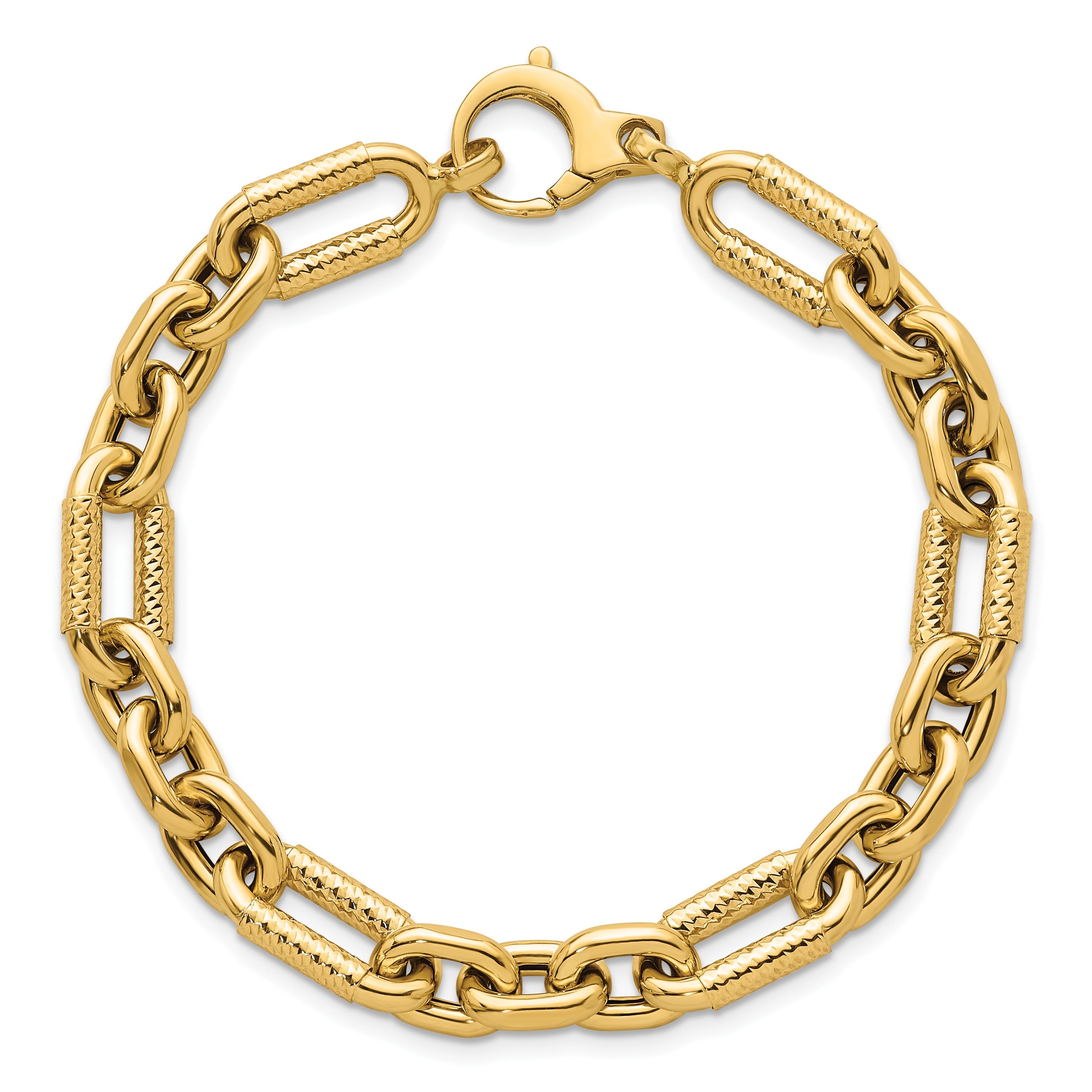 14K Gelbgold Poliert 8.8mm Diamantiert Fantasie Figaro Glieder 7.5 Zoll Armband