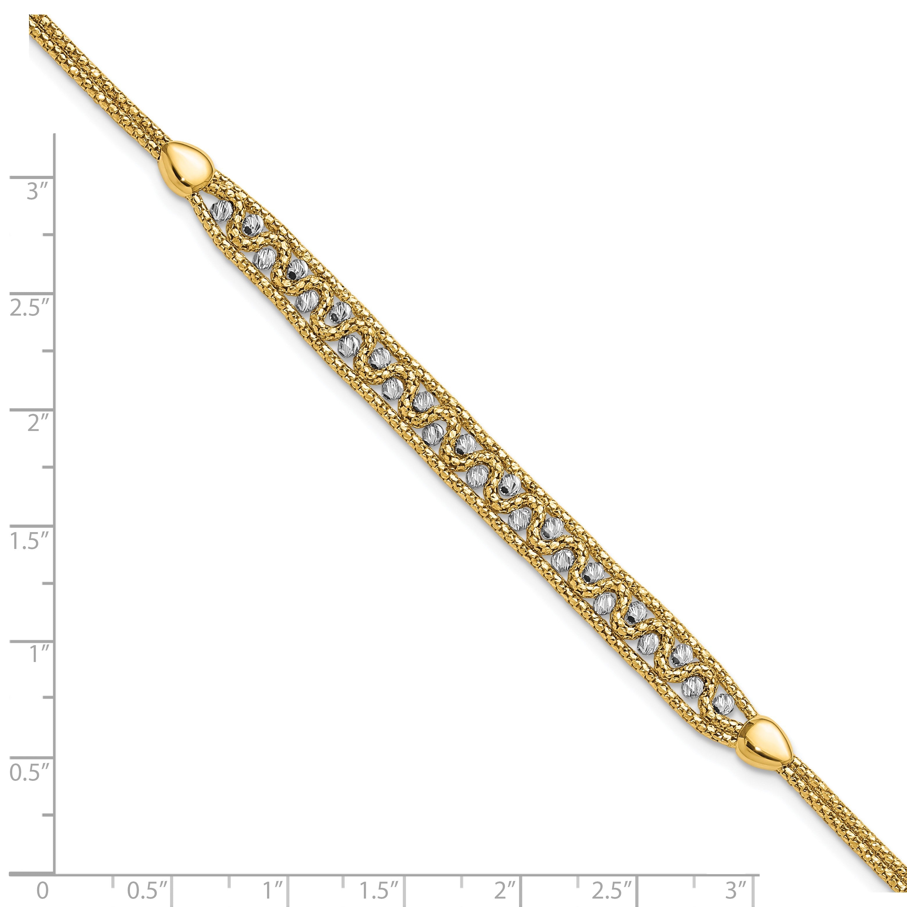 14K Bicolor Gold Strukturiert Diamantiert 7mm Gekugelt Gliederarmband Plus Verlängerung