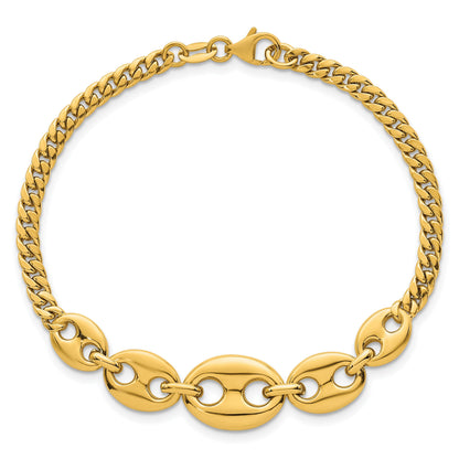 14K Gelbgold Poliert Abgestuft Gewölbt Marine und Panzer Glieder 7 Zoll Armband