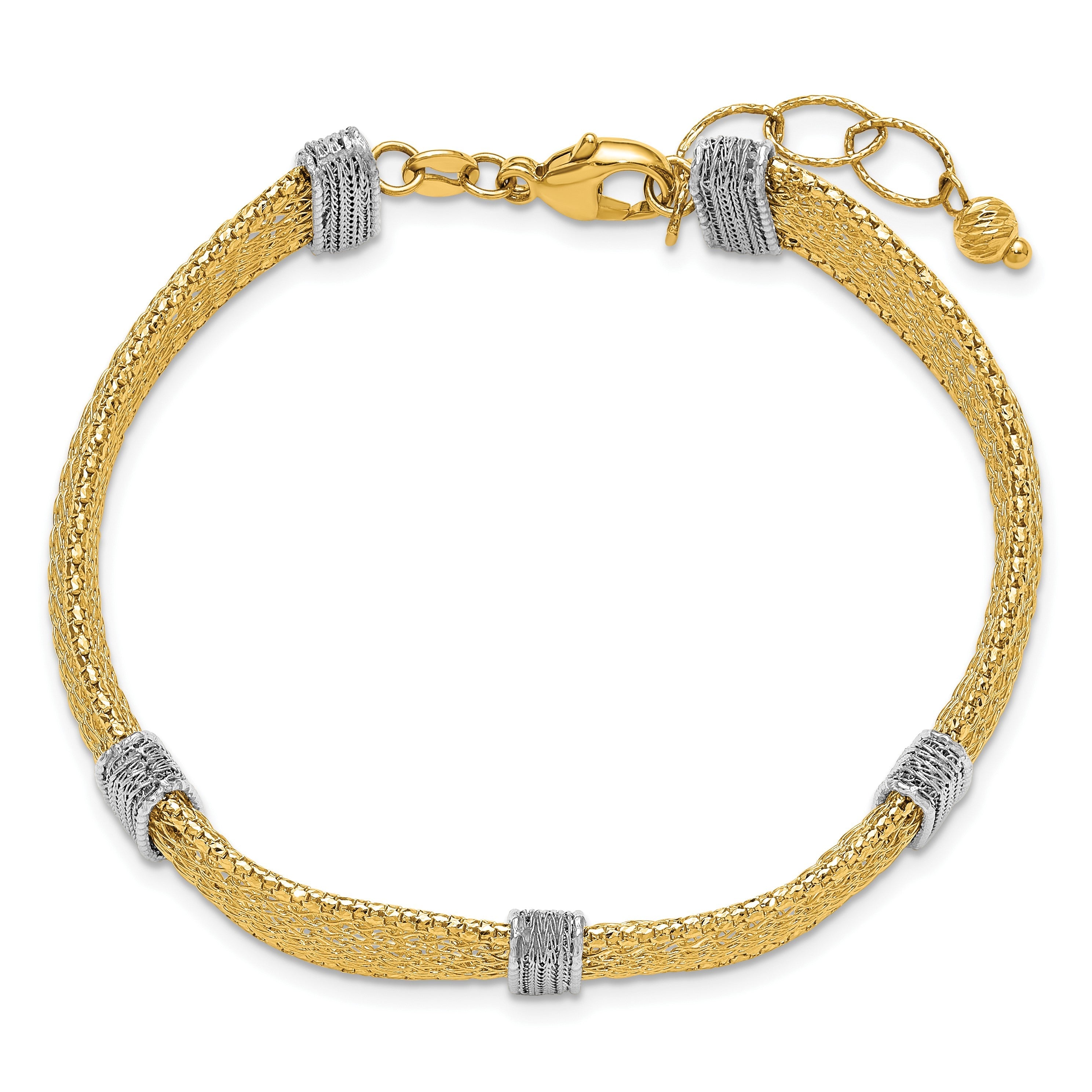 14K Bicolor Gold Bicolor Strukturiert 10.6mm Netz 6.75 Zoll Armband Plus 1 Zoll Verlängerung