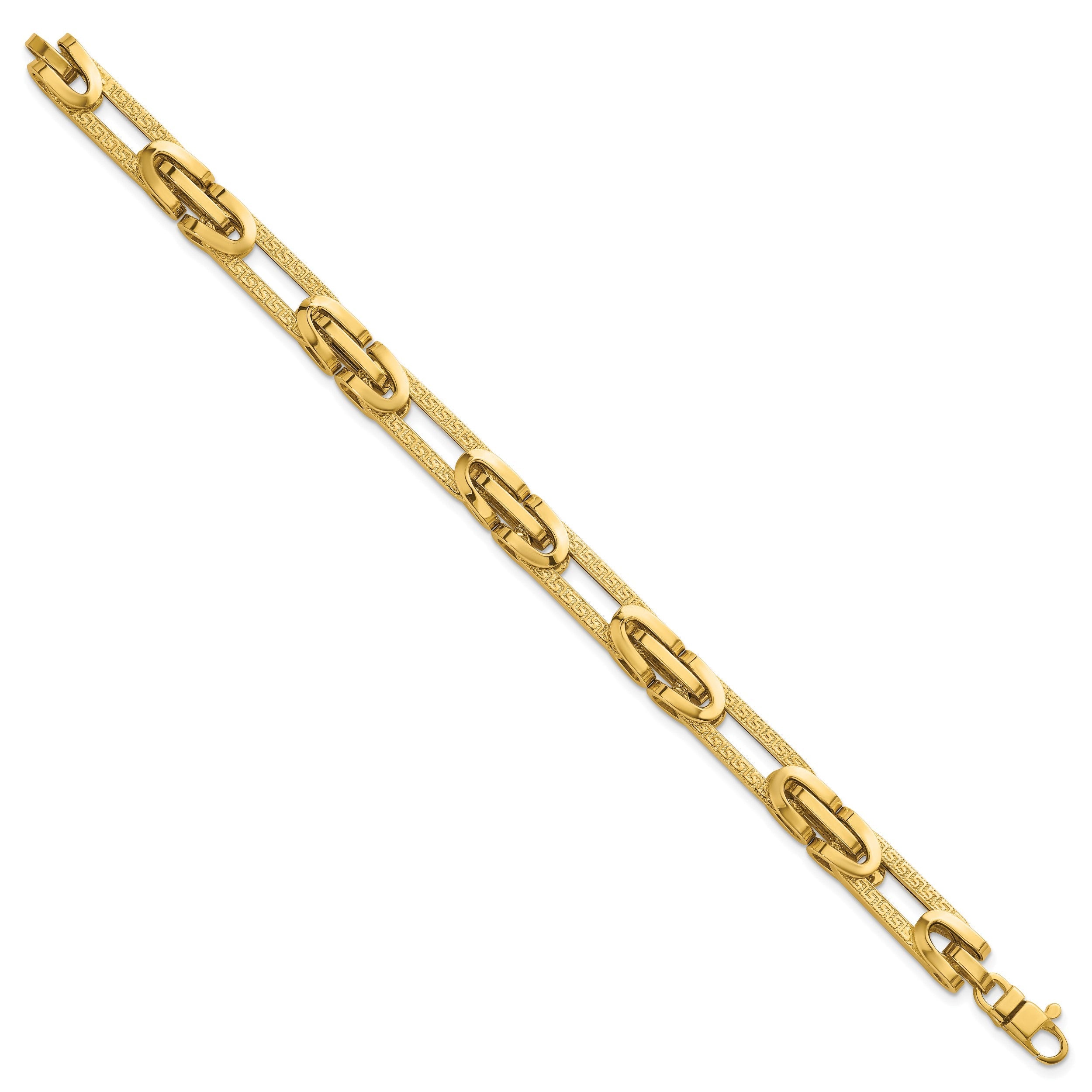 14K Gelbgold Poliert und Strukturiert 7.6mm Fantasie Greek Key Design Oval Glieder 7.25 Zoll Armband