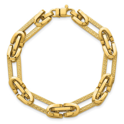 14K Gelbgold Poliert und Strukturiert 7.6mm Fantasie Greek Key Design Oval Glieder 7.25 Zoll Armband