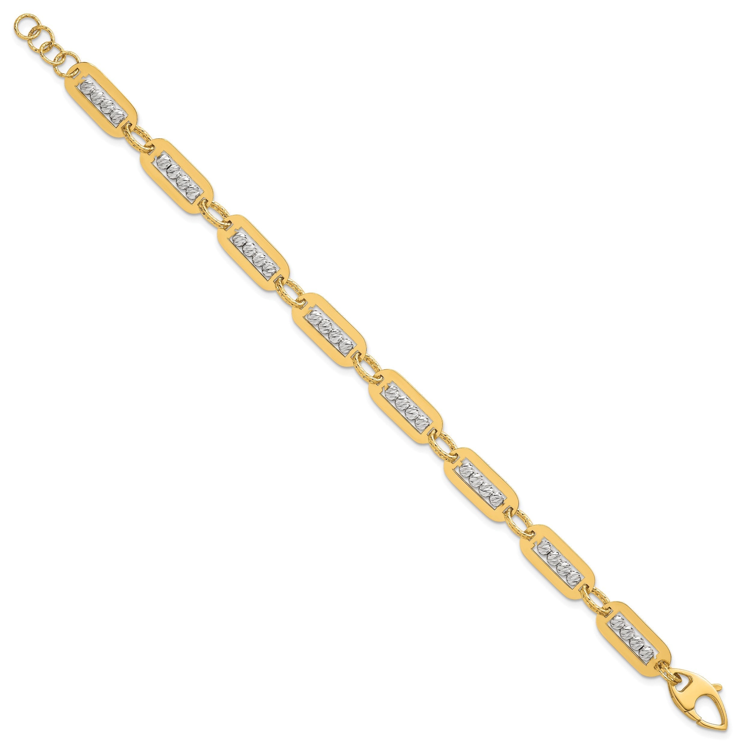 14K Bicolor Gold Poliert Diamantiert Perle Gliederarmband Plus Verlängerung