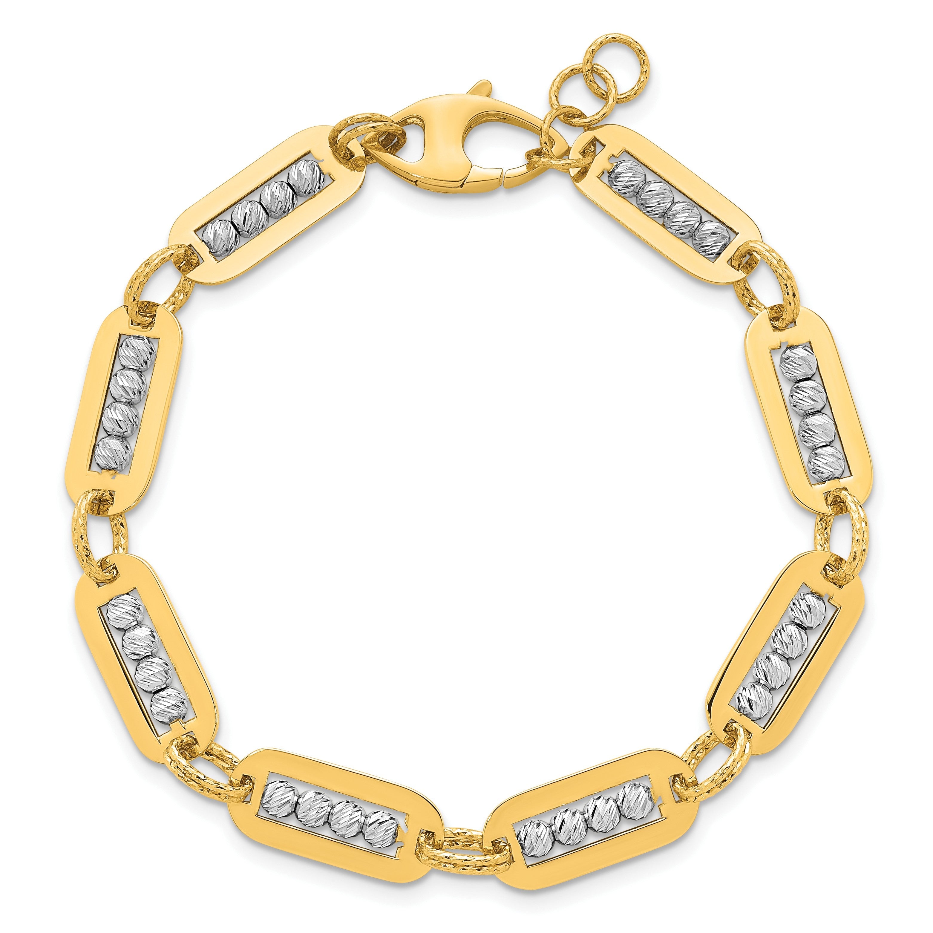 14K Bicolor Gold Poliert Diamantiert Perle Gliederarmband Plus Verlängerung