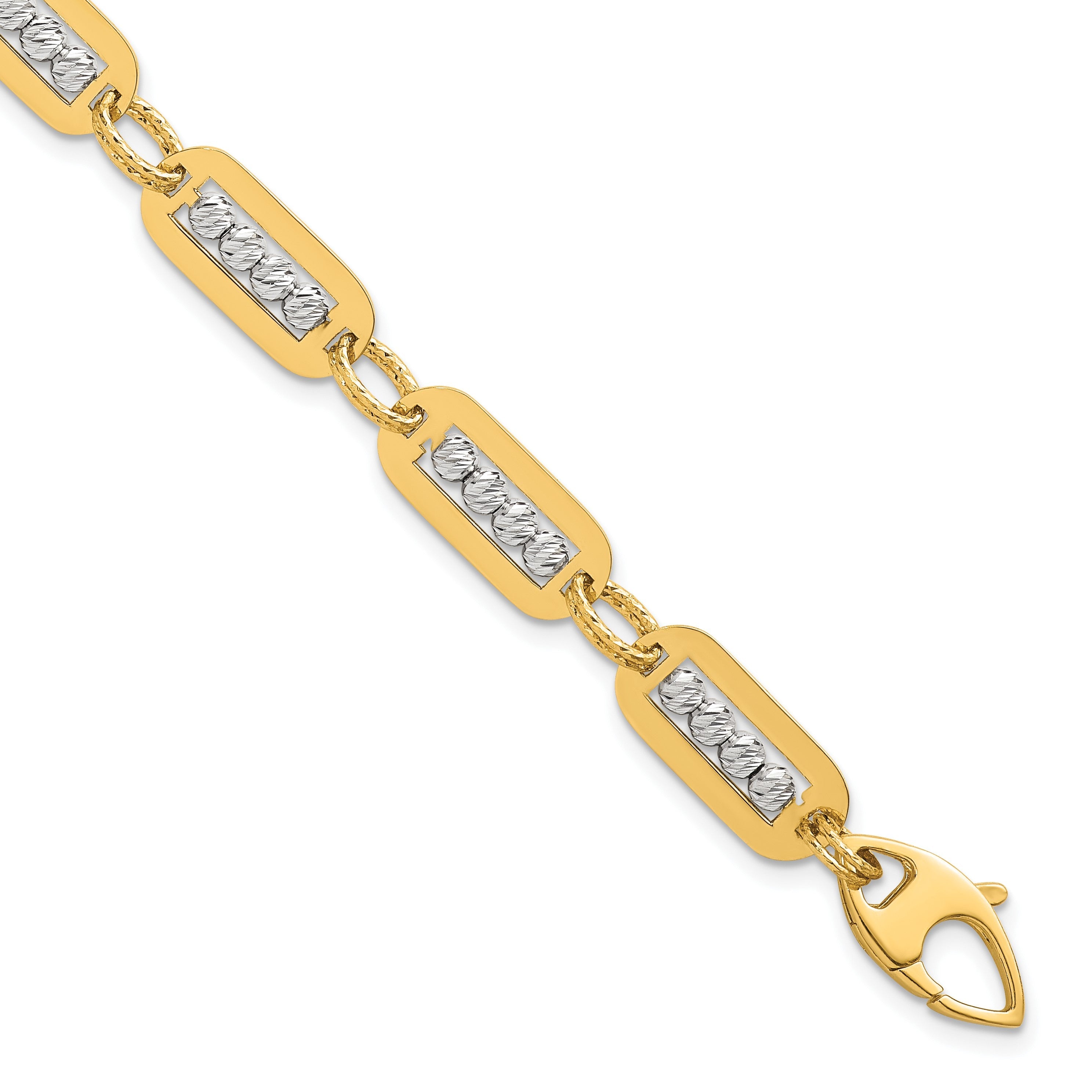 14K Bicolor Gold Poliert Diamantiert Perle Gliederarmband Plus Verlängerung