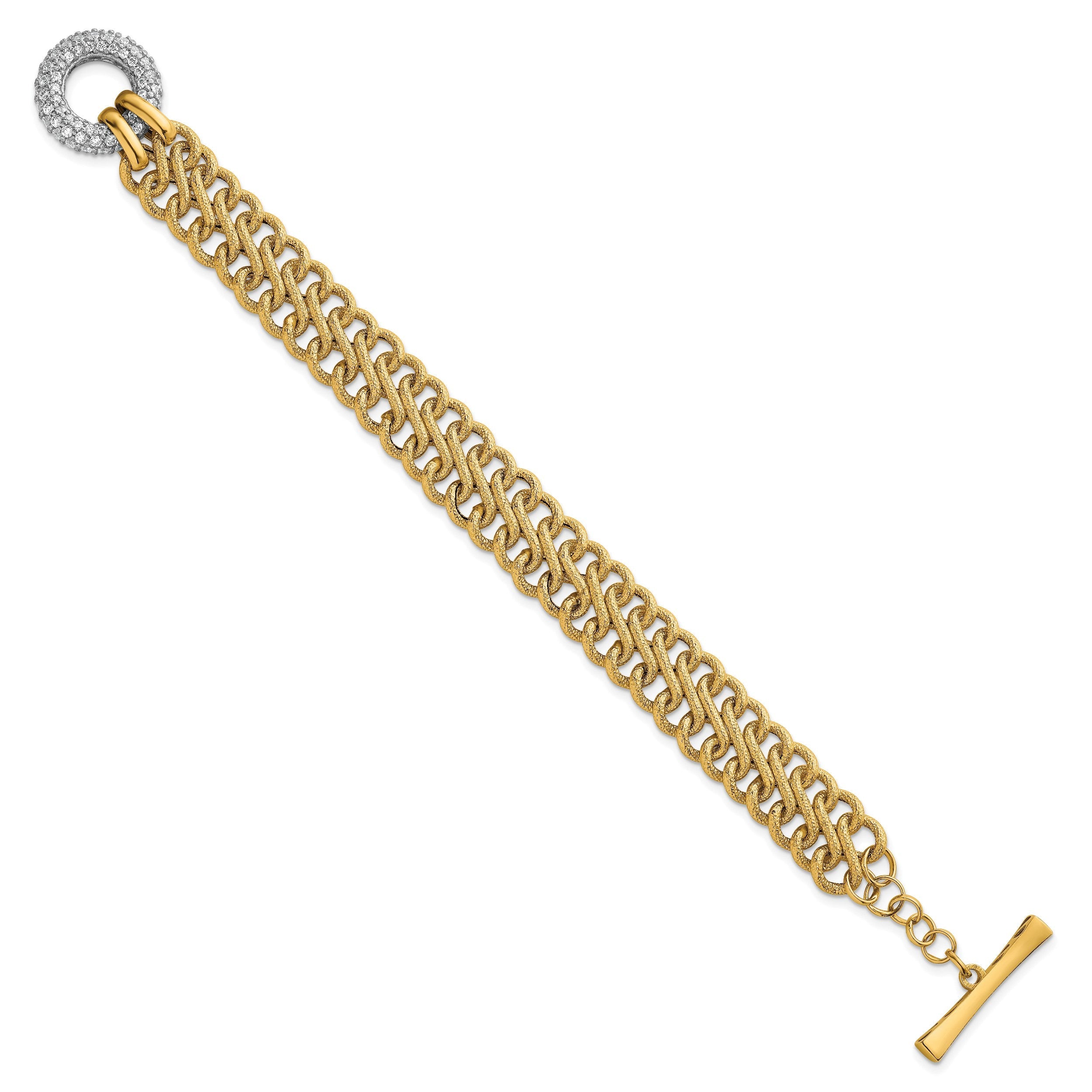 14K Gelbgold mit Rhodium 12.25mm Strukturiert Fantasie Kette mit Zirkonia Knebel 7.5 Zoll Armband