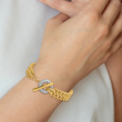 14K Gelbgold mit Rhodium 12.25mm Strukturiert Fantasie Kette mit Zirkonia Knebel 7.5 Zoll Armband