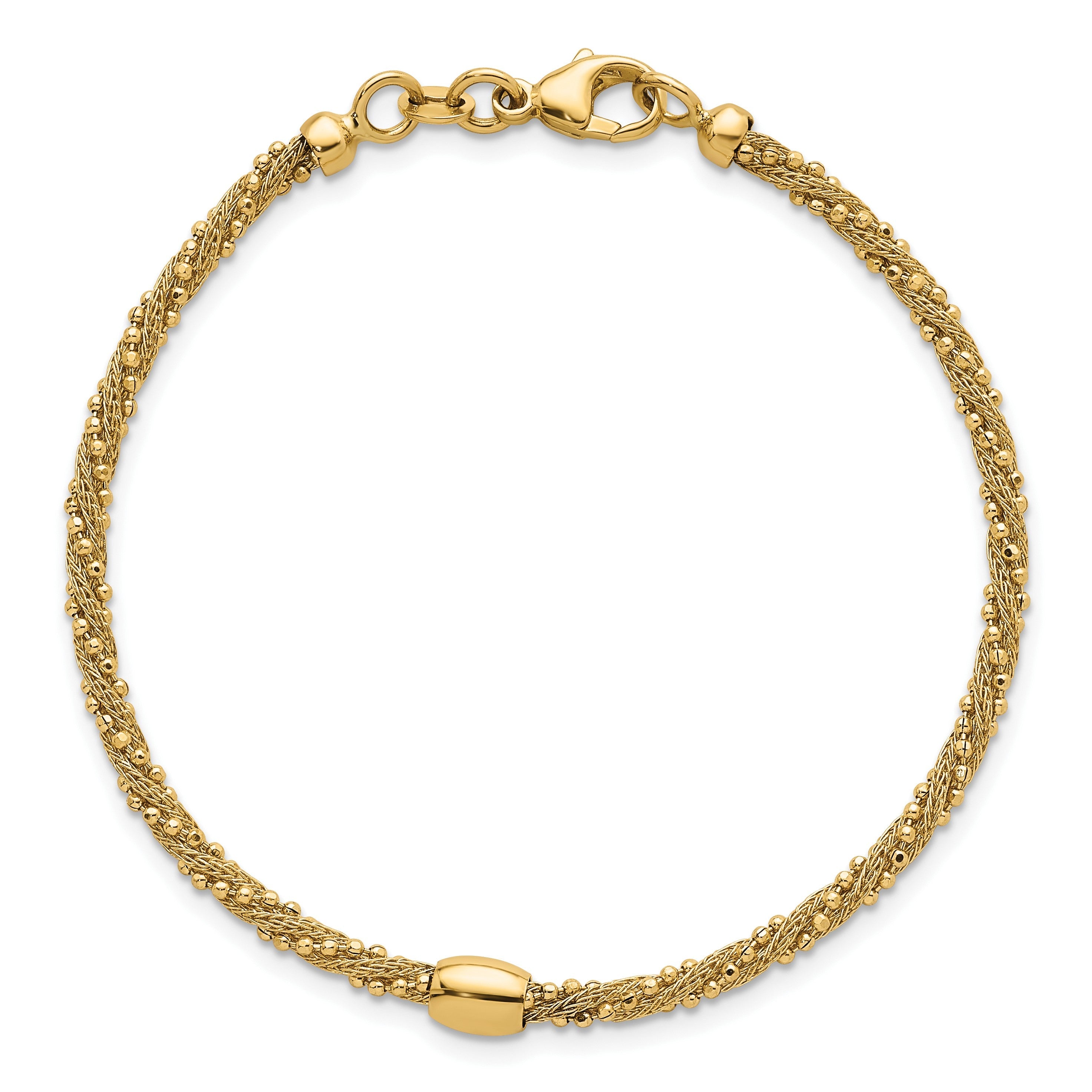 14K Gelbgold Poliert und Strukturiert Gedreht mit Perle 7.25 Zoll Armband