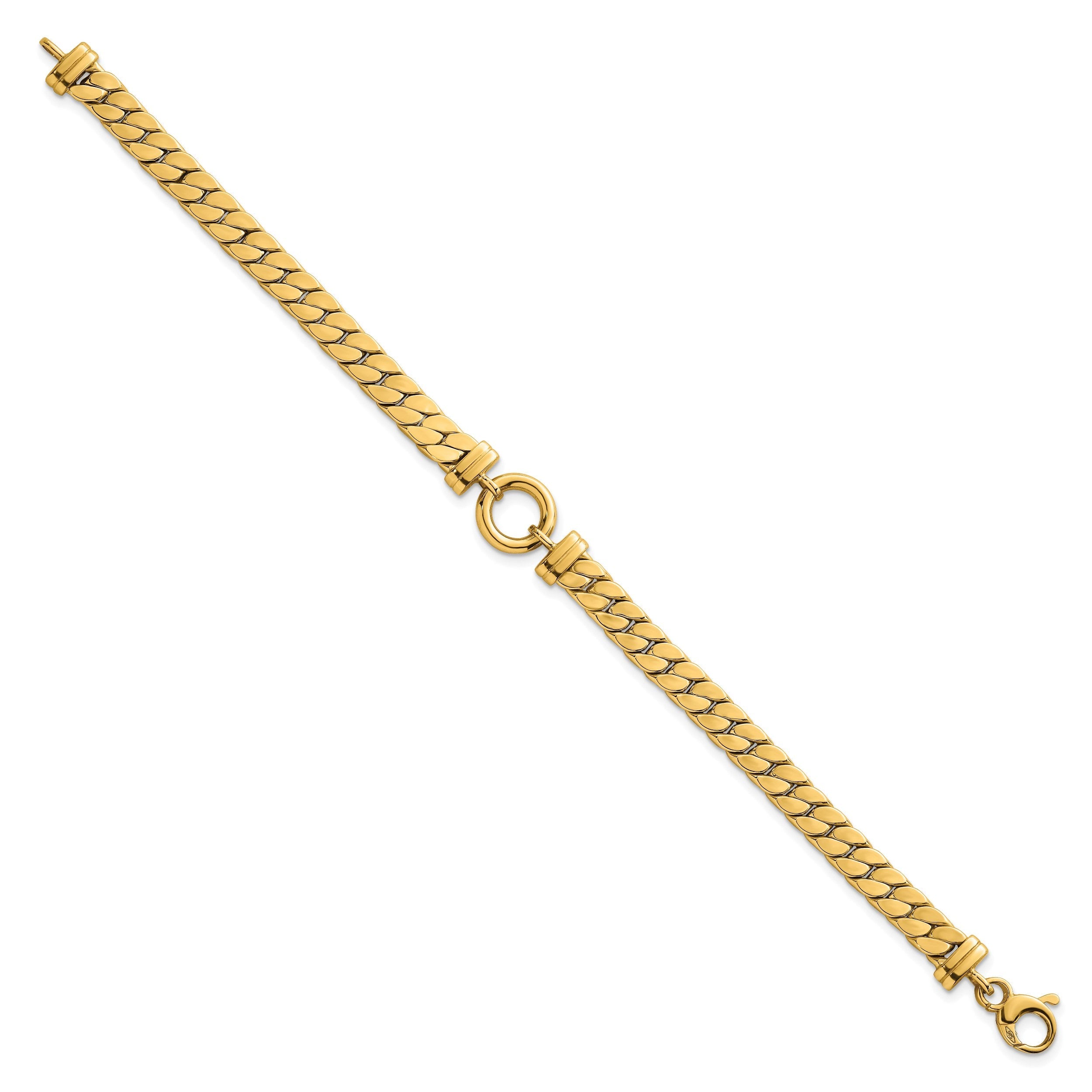 14K Gelbgold Poliert Flach Panzer Glieder mit Mittig Kreis Element 7.5 Zoll Armband